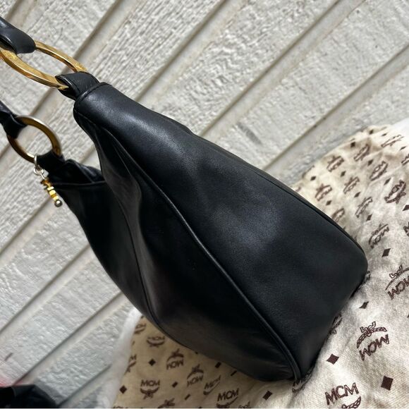 MCM Black Leather Vintage Y2K Hobo Shoulder Bag Charm - Picture 6 of 15